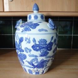 Large Vintage Chinese Blue & White Ginger Jar Frogs Lilies Koi Carp Christmas