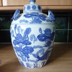 Large Vintage Chinese Blue White Ginger Jar Frogs Lilies Koi Carp Christmas Gift
