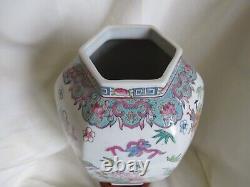 Large Vintage Chinese Famille Rose Porcelain Lidded Vase With Wood Stand Marked