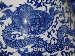 Large Vintage Chinese Qianlong Mark Blue White Dragon Lotus Vase Signed