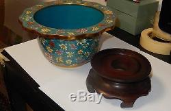 Large Vintage Cloisonne Enamel Pot With Wooden Stand
