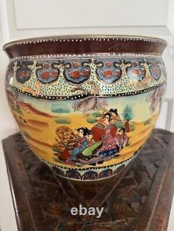 Large Vintage Export Chinese Satsuma Moriage Koi Fish Bowl With Geisha Scene