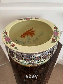 Large Vintage Export Chinese Satsuma Moriage Koi Fish Bowl With Geisha Scene