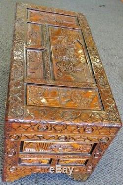 Large Vintage Hand Carved Chinese Camphor Wood Storage Trunk Hope Chest