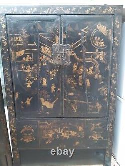 Large Vintage pair of black and gold gilt shangxi painted Chinese Cabinets
