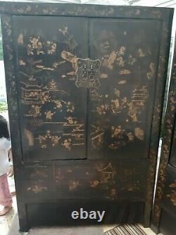 Large Vintage pair of black and gold gilt shangxi painted Chinese Cabinets