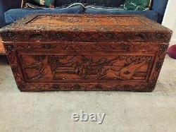 Large Wooden Antique Carved Chinese Camphor Blanket Box / Chest /Ottoman