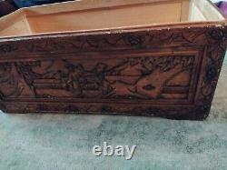 Large Wooden Antique Carved Chinese Camphor Blanket Box / Chest /Ottoman