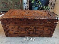 Large Wooden Antique Carved Chinese Camphor Blanket Box / Chest /Ottoman