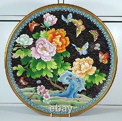 Large antique Chinese cloisonne charger plate with flowers & butterfly design