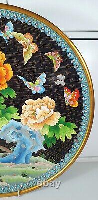 Large antique Chinese cloisonne charger plate with flowers & butterfly design