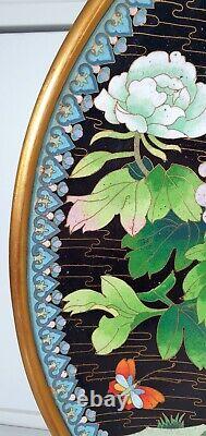 Large antique Chinese cloisonne charger plate with flowers & butterfly design