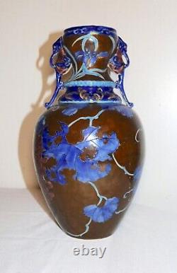 Large antique Chinese hand enameled pottery figural handle terra-cotta vase urn