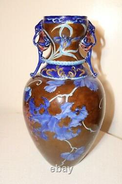 Large antique Chinese hand enameled pottery figural handle terra-cotta vase urn