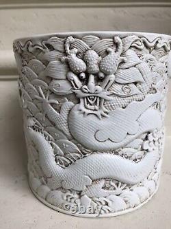 Large antique Chinese porcelain brush pot carve Chinese dragons