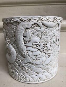 Large antique Chinese porcelain brush pot carve Chinese dragons