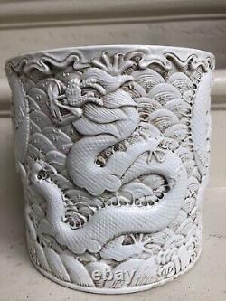 Large antique Chinese porcelain brush pot carve Chinese dragons