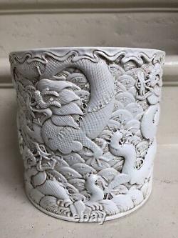 Large antique Chinese porcelain brush pot carve Chinese dragons