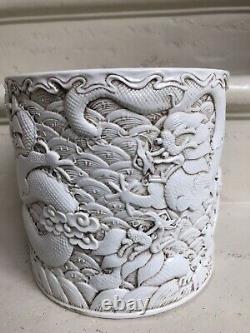 Large antique Chinese porcelain brush pot carve Chinese dragons