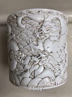 Large antique Chinese porcelain brush pot carve Chinese dragons