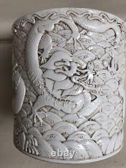 Large antique Chinese porcelain brush pot carve Chinese dragons