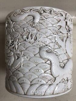 Large antique Chinese porcelain brush pot carve Chinese dragons