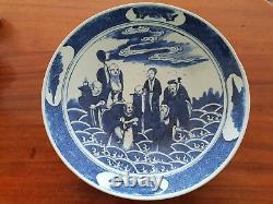 Large blue and white Chinese plate Kangxi four-character 8 immortals 40 cm
