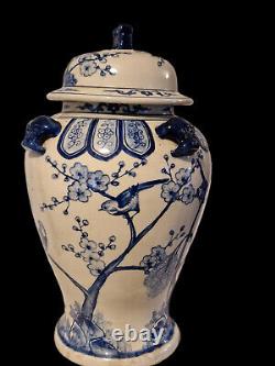 Large blue & white Lidded Chinese GingerJar/Vase with Birds 17 tall vintage