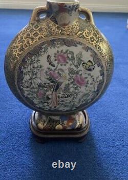 Large oriental /chinese bird moon flask with stand