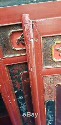 Large red lacquered Antique Chinese carved cabinet royalty horse scenes
