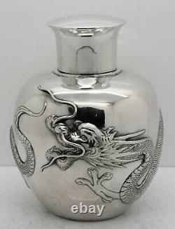Large size CHINESE EXPORT solid silver HEAVY DRAGON TEA CADDY. Zeewo c. 1900
