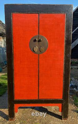 Large, unusual Red & Black lacquered 19th C Chinese Wedding Cabinet / wardrobe