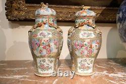 Lovely Pair of Large Antique Chinese Rose Medallion Vases, 19th C