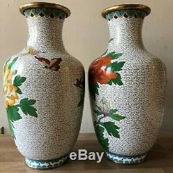 Lovely Pair of Large Chinese Cloisonne Vases Peony and Butterfly Design