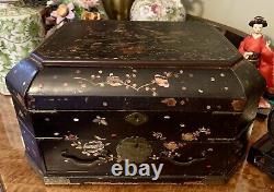 Magnificent Antique Large Chinese Sewing Jewellery Box Black Lacquer Shell Inlay