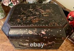 Magnificent Antique Large Chinese Sewing Jewellery Box Black Lacquer Shell Inlay