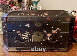 Magnificent Antique Large Chinese Sewing Jewellery Box Black Lacquer Shell Inlay