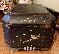 Magnificent Antique Large Chinese Sewing Jewellery Box Black Lacquer Shell Inlay