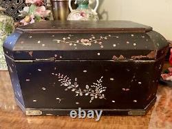 Magnificent Antique Large Chinese Sewing Jewellery Box Black Lacquer Shell Inlay