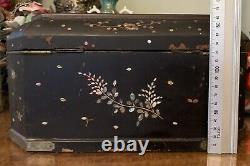 Magnificent Antique Large Chinese Sewing Jewellery Box Black Lacquer Shell Inlay