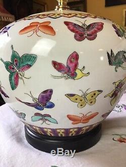 Magnificent Pair Chinese Porcelain Butterfly Large Ginger Jar Table Lamps Mint