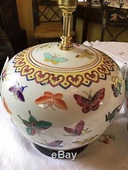 Magnificent Pair Chinese Porcelain Butterfly Large Ginger Jar Table Lamps Mint