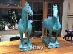 Matched Left Right Pair X 2 Chinese Antique Horses Large Turquoise Tang Ming