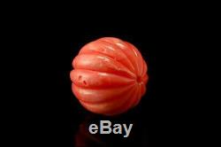 OLD LARGE CHINESE CARVED PINK CORAL MELON SHAPE BEAD 24 mm D110-01