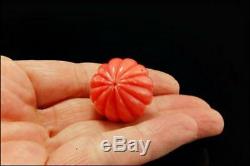 OLD LARGE CHINESE CARVED PINK CORAL MELON SHAPE BEAD 24 mm D110-01