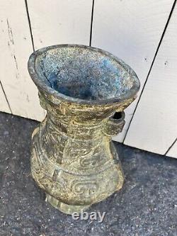 Old Chinese Bronze Archaic Large Open Ended Vase Vessel