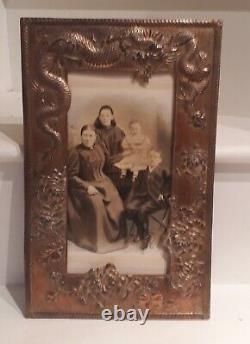 Old Chinese copper plated photo frame with dragon & chrysantheum repousse. Large