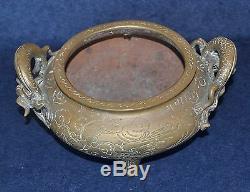 Old Large Signed Very Heavy Chinese Brass Bowl Incense Burner Dragons 2500 Gr
