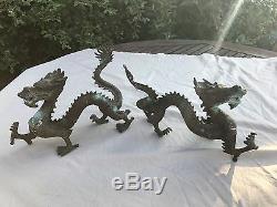 Old Pair Of Large Chinese Bronze Dragons Statue From House Clearance