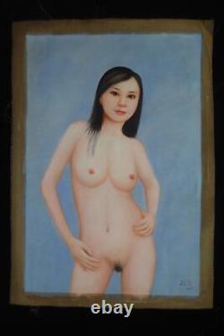 Original Large Old Chinese Oil Hand Painting Beautiful Nude Woman Marks
